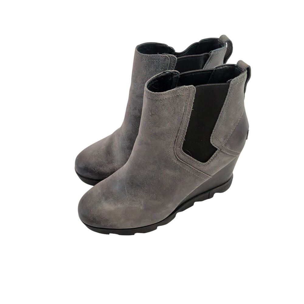 Sorel Women's Sz 8 Joan Uptown Chelsea Boots Grey Leather Wedge Platform Shoes